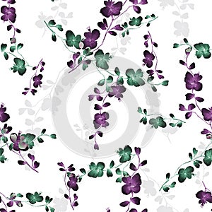 Seamless pattern small wild branch with violet and green flowers on a light white background. Watercolor
