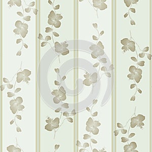 Seamless pattern small wild branchs with beige flowers on a light green background with green and blue vertical strips. Watercolor