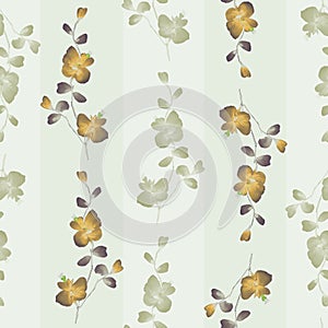 Seamless pattern small wild branchs with yellow and green flowers on a light green background with vertical strips. Watercolor -1