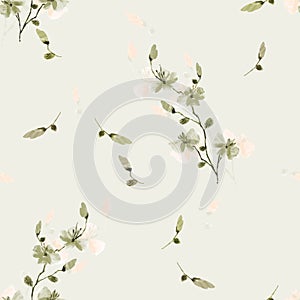 Seamless pattern small wild green and white flowers on a light green background. Watercolor -2