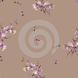 Seamless pattern small wild violet and baige branchs of flowers on the deep beige background. Watercolor