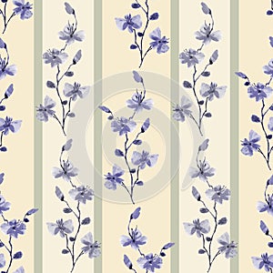 Seamless pattern small wild violet branchs of flowers with green strips on a light beige background. Watercolor