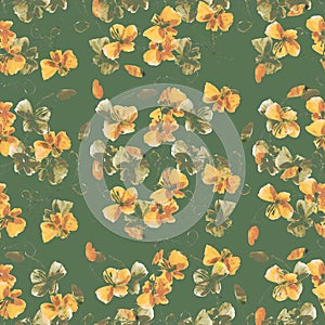 Seamless pattern small wild yellow and beige flowers on a green background. Floral background. Watercolor.