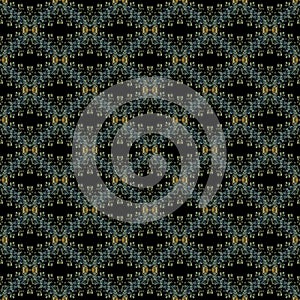 Seamless pattern, small yellow-blue curls, on a black background