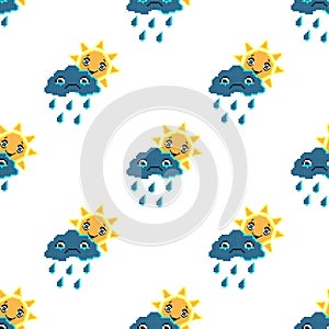 Seamless pattern with smile sun and sad cloud. Pixel art background, cartoon vector illustration