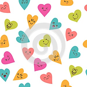Seamless pattern with smiley hearts. Cute cartoon characters