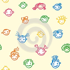 Seamless pattern of smiling baby faces on a light yellow background. Happy Childrens. Doodle illustration drawn by colored felt-ti