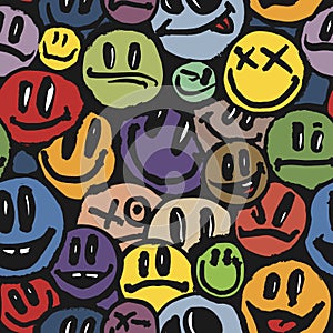 Seamless pattern with a smiling face. Graffiti happy emoji sprayed