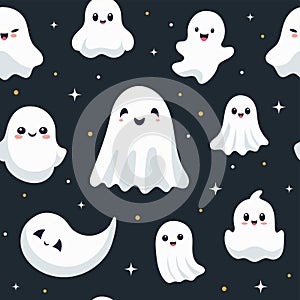 Seamless pattern with smiling ghosts for Halloween. Vector flat style illustration for design textile, wrapping, fabric, paper,