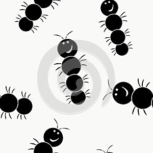 Seamless pattern with smiling happy cartoon insects, caterpillars, millipedes. Repeating black silhouettes of garden