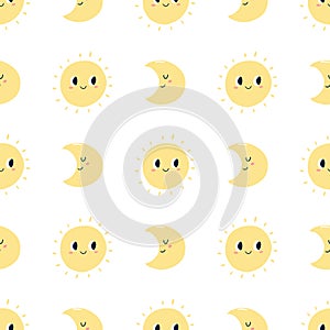 Seamless pattern with smiling kawaii moon and sun. Vector hand drawn texture for wrapping paper, fabric print, kids