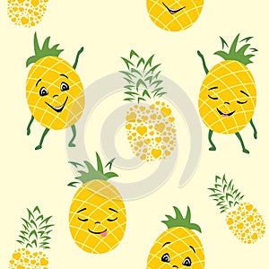 Seamless pattern with smiling pineapples