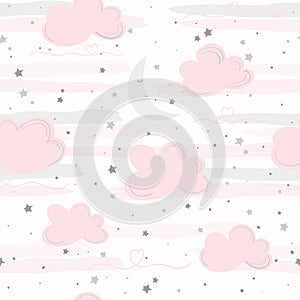 Seamless pattern with smiling sleeping moon, hearts, stars and clouds in pale pastel colors. Vector illustration for nursery room