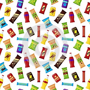 Seamless pattern snack product for vending machine. Fast food snacks, drinks, nuts, chips, juice for vendor machine bar