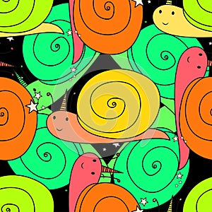 Seamless pattern. Snails with horn cartoon characters. Design element. Decorative background