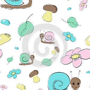 Seamless pattern with snails, mushrooms and flower