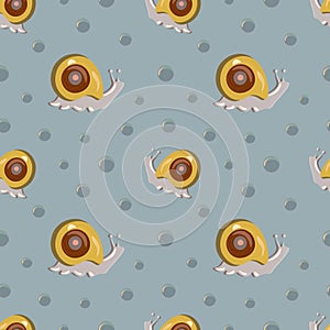 Seamless pattern with snails producing mucin on blue background.