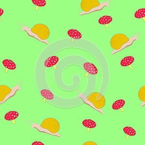 Seamless pattern snails and red mushrooms on green background, vector eps 10