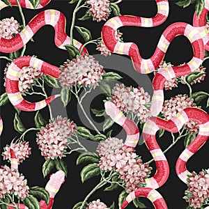 Seamless pattern with snakes and flowers. Vector.