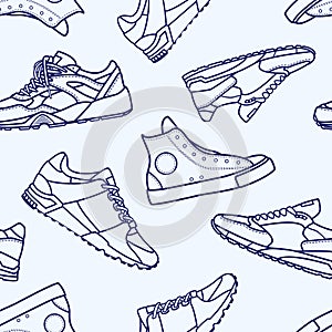 Seamless Pattern with Sneaker Shoe Flat Line Stroke