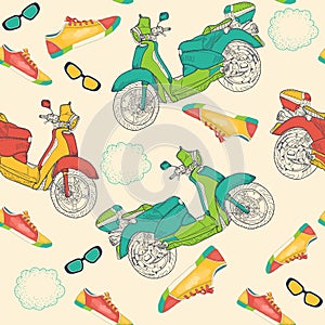 Seamless pattern with sneakers, mopeds and sunglasses.