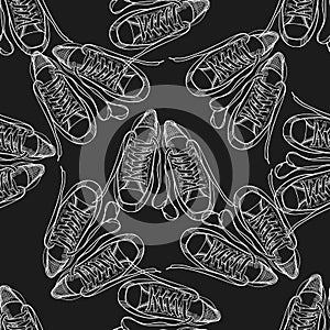 Seamless pattern with sneakers and shoelaces Hand drawn, drawing paper, design background, backdrop. Sport shoe for run.