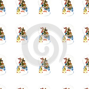 Seamless pattern snow globe with Santa Claus, deer, pingwan, Christmas tree. Watercolor handrawing illustration design