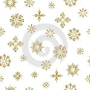 Seamless pattern. Snowflakes with golden glitter isolated on white background.