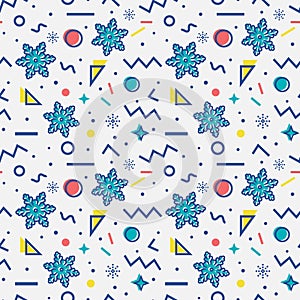 Seamless pattern with snowflakes. Memphis style. Vector background