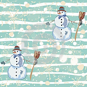 Seamless pattern with snowman on blue background