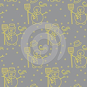Seamless pattern with snowman, broom, hat, wind