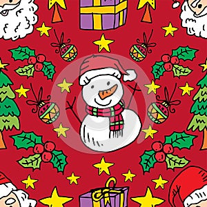 Seamless pattern with snowman and Christmas elements.