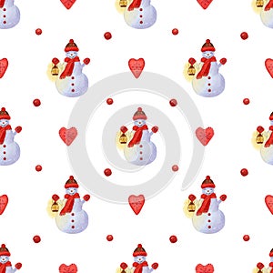 Seamless pattern with snowman and lantern in hand, hearts, and holly berries. Watercolor illustration for christmas wrapping paper