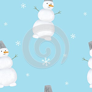 Seamless pattern Snowman watercolor Christmas tree Winter Christmas Snow Snowflake Scrapbooking Postcard Textile Wallpaper Childre photo