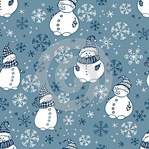 Seamless pattern with snowmen on blue background.