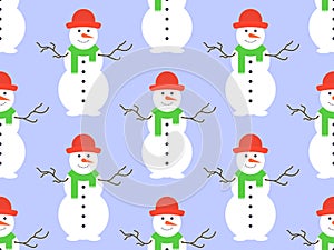 Seamless pattern with snowmen in a hat and scarf. Winter Christmas background with three-ball snowman. Xmas design for wrapping