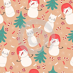 Seamless pattern with snowmen, snow cats, Christmas trees and sweets. Vector graphics