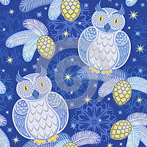 Seamless pattern with snowy owls