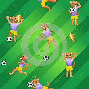 Seamless pattern of soccer field background and cougars as players in uniform with balls and goblets