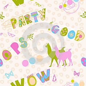 Seamless pattern in soft colors with silhouettes of llamas and inscriptions whoops, wow, party