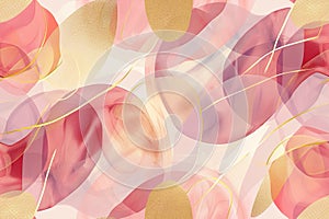 A seamless pattern with soft pink and golden shapes, overlaid with elegant curves, creating a delicate and luxurious