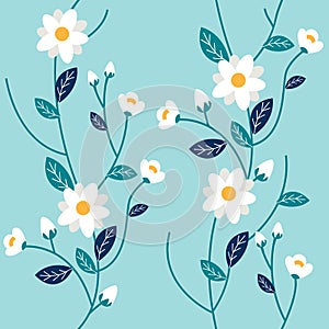 The Seamless pattern of some white flower and leaf on blue background.  Seamless pattern leaf. shape of leaf.white  flower shape