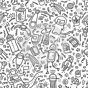 Seamless pattern space doodles. Robot and Technic doodles. Future concept with astronaut, planets,spaceships, stars, planets,