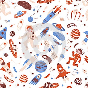 Seamless pattern. Space element and objects on white background