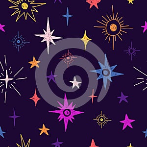 Seamless pattern with space elements. Cartoon style wallpaper with cosmic star. Children`s background with hand-drawn