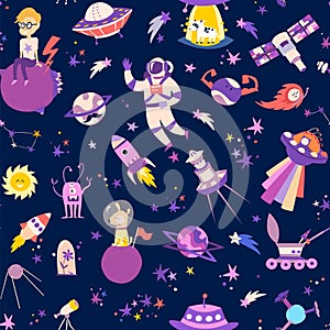 Seamless pattern with space elements vector illustrations.