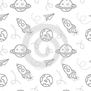 Seamless pattern with space objects, rocket, plane, air trail, planet, earth, saturn. Hand-drawn outline elements. Monochrome