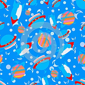 Space: space rockets, flying saucers, planets on the light blue background. Seamless pattern. photo