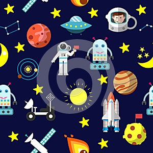 Seamless pattern with space Shuttle, rockets, comet, astronaut, stars and moon,Jupiter, Mars, robot and solar system.