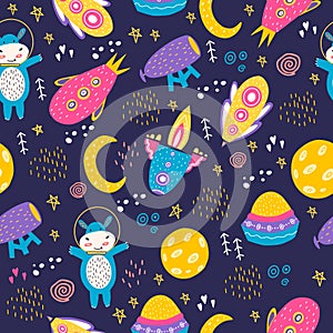 A seamless pattern with a space-suited behemoth, spaceships, the moon, planets, stars, and binoculars.